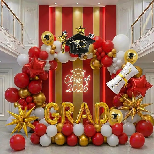 Red Graduation Balloon Garland Arch Kit 115PCS with Graduation Star print Certificate Letter Mylar Foil Balloons for Graduate Class of 2026 Grad Prom party Decorations Supplies (Red Gold White)