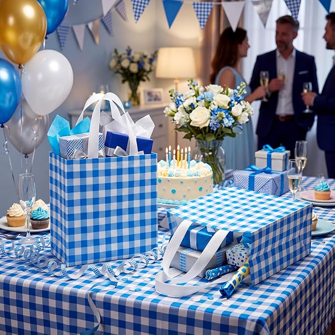 Sweetude 16 Pcs Dark Blue White Checkered Gift Bags with Handles Gingham Dark Blue and White Party Favors Non-woven Reusable Tote for Women Wedding Birthday Baby Shower Mother's Day Party Decorations