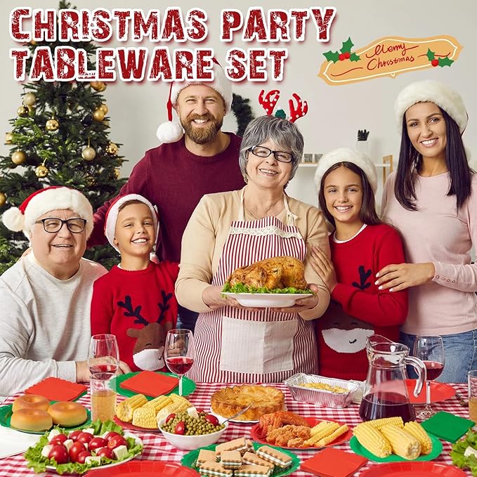 120 Pcs Christmas Paper Plates and Napkins Party Supplies Bulk Disposable 7 Inch Scalloped Plates Cocktail Napkins for Xmas Holiday Wedding Birthday Decoration, Serve 60 Guests(Red and Green)