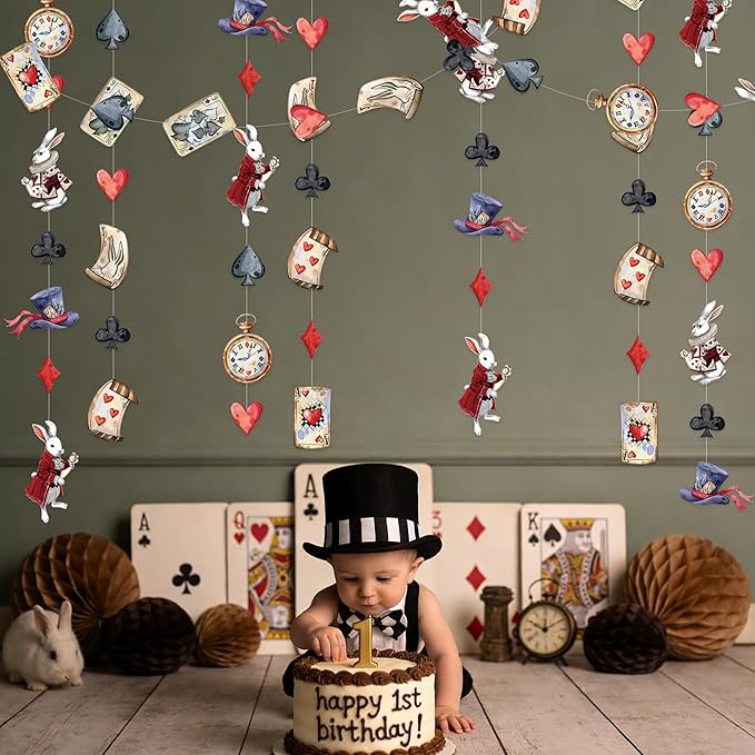 Vintage Wonderland Party Decorations Retro Bunny Poker Pocket Watch Mad Hat Hanging Streamer Garland Banner for Vintage Easter Spring Birthday Baby Shower Bachelorette Tea Party Decorations Supplies