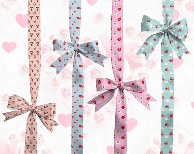 4 Rolls Valentine's Day Ribbon Set, 1" x 5 Yards Each, Heart Pattern Ribbons for Wedding Gift Wrapping & DIY Crafts