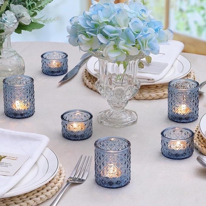 36 Pack Blue Votive Candle Holders, Assorted Glass Candle Holders for Table Centerpiece, Blue Glass Candle Holder Decorations for Wedding, Baby Shower Party & Home Decor