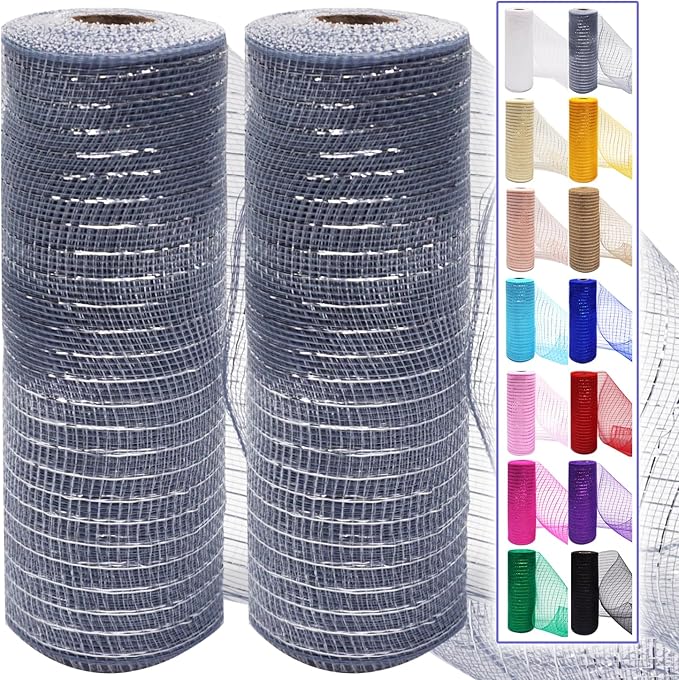 2 Pcs Silver Deco Mesh Ribbon Rolls 10 Inch 10 Yards(30 ft) Decorative Mesh Fabric with Foil for Wreaths Christmas Tree Ribbon Door DIY Craft Halloween Decor Wedding Party Supplies (Silver, 2Pcs)