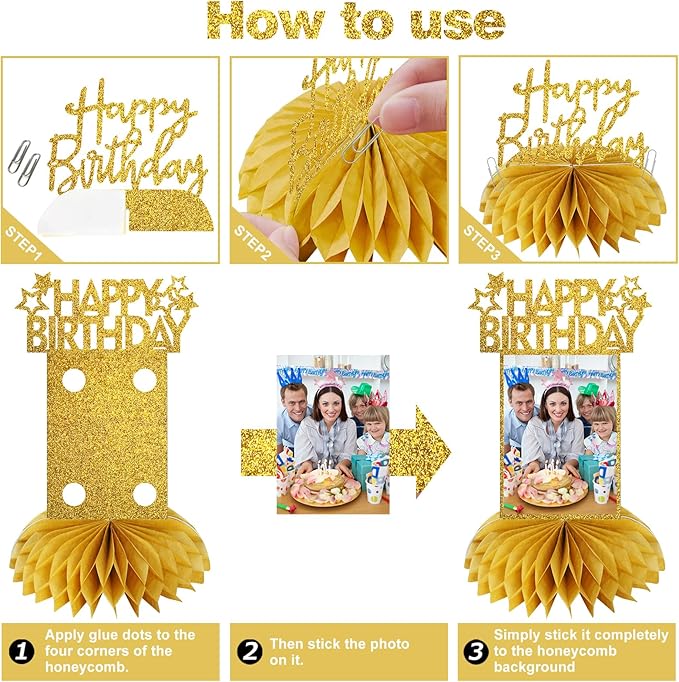 Eucutur 8Pcs Honeycomb Birthday Decorations - Gold Glitter Centerpieces for Women & Men, Happy Birthday Photo Table Toppers, 16th-60th Bday