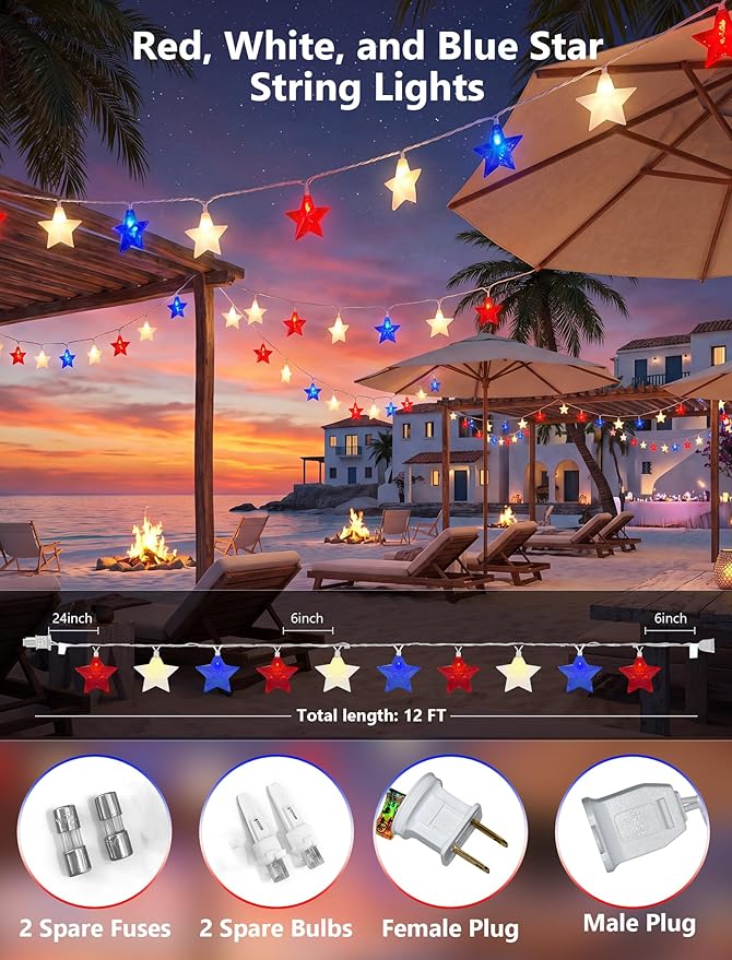 4th of July Decoration Lights, 12FT 20 LED Red White and Blue Star String Lights, Plug in Fairy Lights Waterproof Connectable for Indoor Outdoor Independence Day Decor
