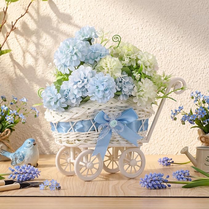3 Pack Rattan Baby Carriage Floral Arrangement with Bouquet Baby Shower Table Centerpiece Stroller for Guests Gender Reveal Wedding Party Favor Gift and Souvenir(Blue)