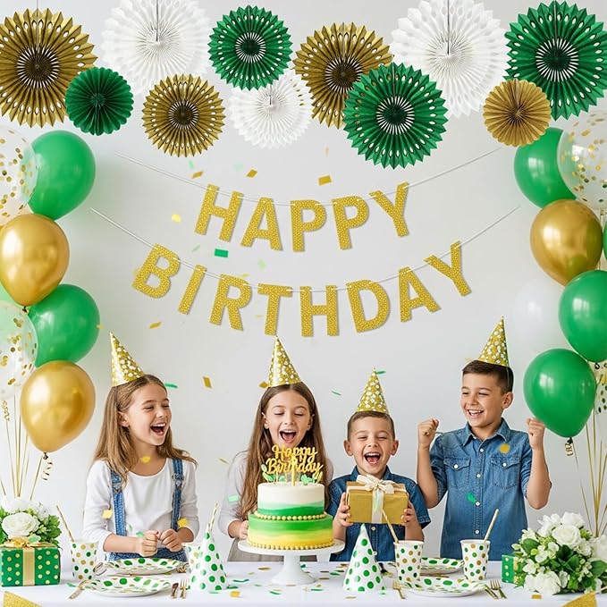 BEISHIDA Green Gold White Tissue Hanging Honeycomb Round Paper Fans Decoration Set for Birthday Graduation Baby Shower Bachelorette Wedding Backdrops St. Patrick’s Day Party Supplies(11 Packs)