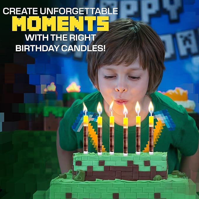 Pixel Torch Birthday Candles (8 Pack) - Large 3-Inch Wax Cake Toppers for Video Game Party Decorations - Novelty Gaming Themed Candle Set for Boys Level Up Celebration