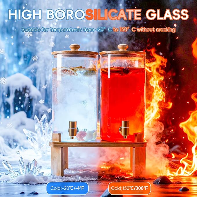 1.5 Gallon 2 Pack Glass Drink dispenser for parties,Beverage Dispenser With Wood Stand,Water Dispensers with spigot,lemonade dispenser,juice containers & water pitcher with lid
