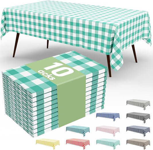 Smiry 10 Pack Teal Gingham Disposable Tablecloths - 54" x 108" Heavy Duty Plastic Table Cloth, Waterproof Buffalo Plaid Table Covers for Picnic, Banquets, Outdoor Parties