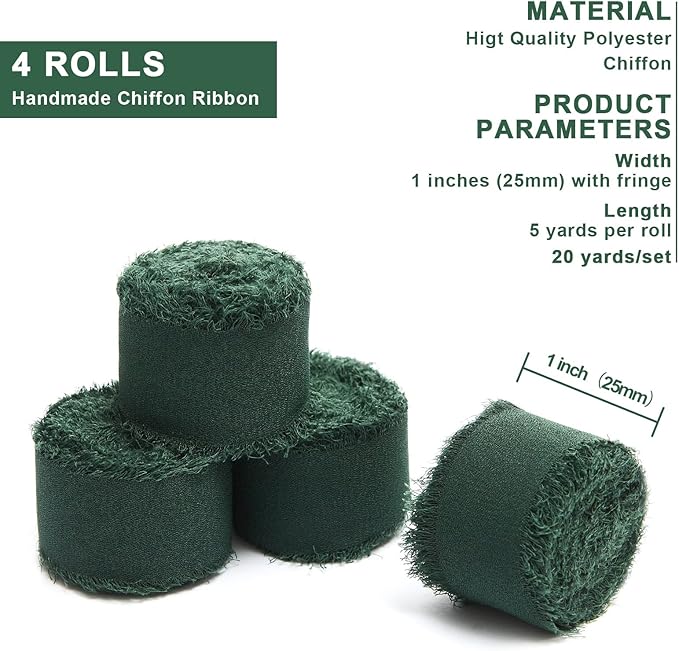 4 Rolls Dark Green Handmade Fringe Chiffon Silk Ribbon 1" W x 5Yd Per Roll,Frayed Edges Ribbon Set for Gifts Wrapping,Wedding Invitations,Bouquets,DIY Crafts (1" x20Yd, Dark Green)