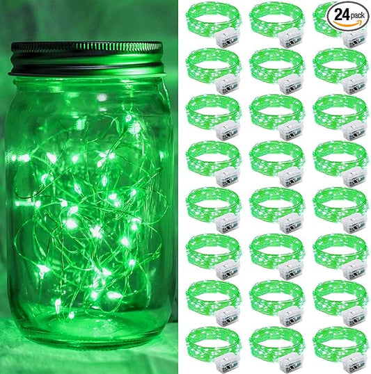 24 Pack Green Fairy Lights 7Ft 20 LED Twinkle String Lights 3 Modes Battery Operated Waterproof Firefly Starry for Mason Jar Table Centerpieces Halloween Christmas St. Patrick's Day