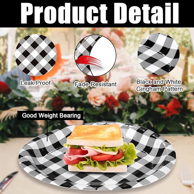 Race Car Gingham Oval Paper Plates 10’’x 12’’, Large Disposable Heavy Duty Black and White Gingham Plaid Paper Plates for Birthday Wedding Baby Shower Tea Party Supplies, 50 Guest