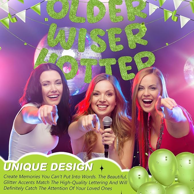 Fulmoon Set of 3 Pre Strung Older Wiser Hotter Glitter Banner Funny Birthday Banner for Women 30th 40th 50th 60th 70th 80th Birthday Party Decorations Sign Gift(Grass Green)