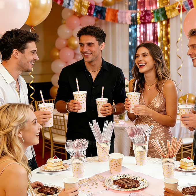 Party Supplies 402pcs Pink & Gold Plates and Napkins Sets - Disposable Dinnerware Sets for 50 Guests with Paper Plates Cups Straws Plastic Cutlery 2 Tablecloths - Bridal Shower Birthday Wedding