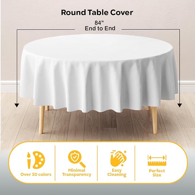 Exquisite 6-Pack Plastic Tablecloth 84 inch Round Value Pack Plastic Table Cover - White