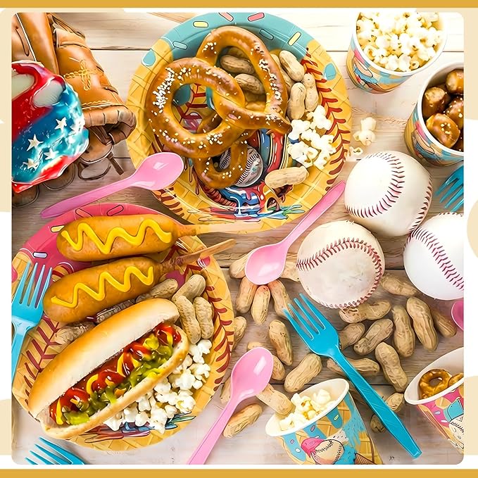 FoldTier 175 Pcs Ice Cream Drip Baseball Birthday Party Decorations Set Ice Cream Paper Plates Napkins Fork Set Disposable Fairy Tableware Decorations Supplies for Baby Shower Dinner Serves 25