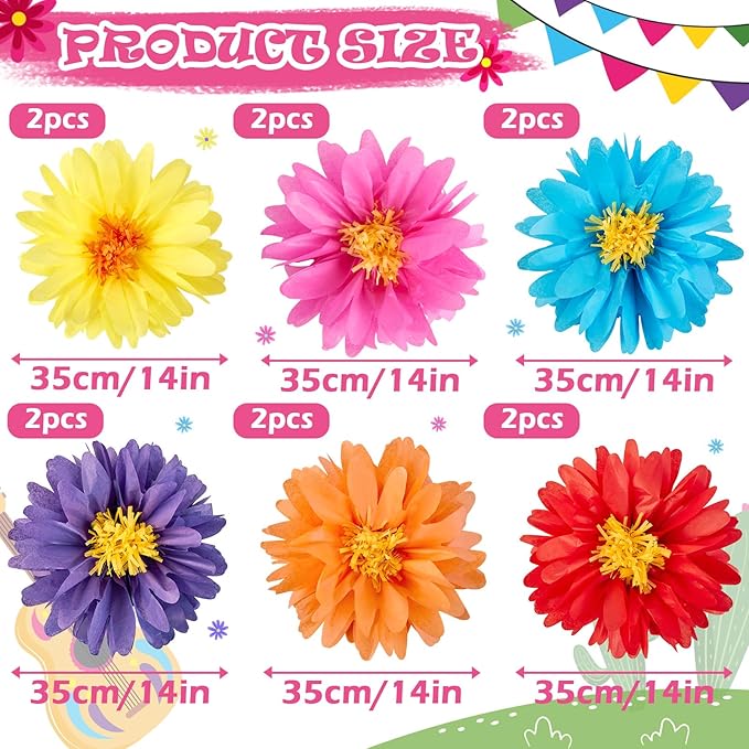 12PCS Mexican Paper Flowers Colorful Fiesta Tissue Paper Flowers Pom Poms Flowers Party Decoration for Wall Floral Carnival Wedding Birthday Craft Decor