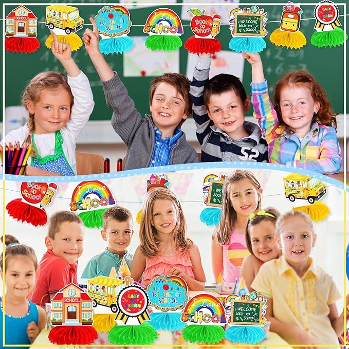 JULMELON Back To School Decorations Honeycomb Centerpiece, 8 PCS Welcome Back To School Supplies for Classroom First Day of School Table Toppers Decor for Kids and Teacher Party Favors