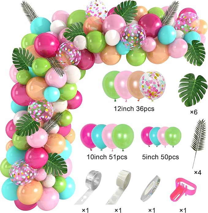 Amandir 151PCS Tropical Balloons Arch Garland Kit, Green Hot Pink Confetti Latex Balloons Palm Leaves for Tropical Hawaii Flamingo Birthday Baby Shower Wedding Party Decorations Supplies