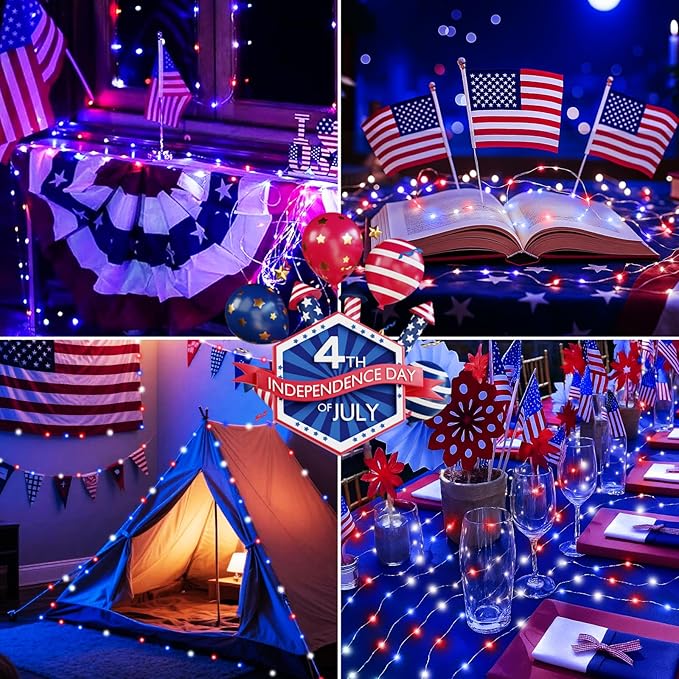 btfarm 4th of July Patriotic Fairy Lights Battery Operated, 30 Pack Red White Blue 3 Modes Twinkle String Lights, 7ft 20 Led Independence Day Mini for Mason Jars Vases Table Centerpiece Decorations