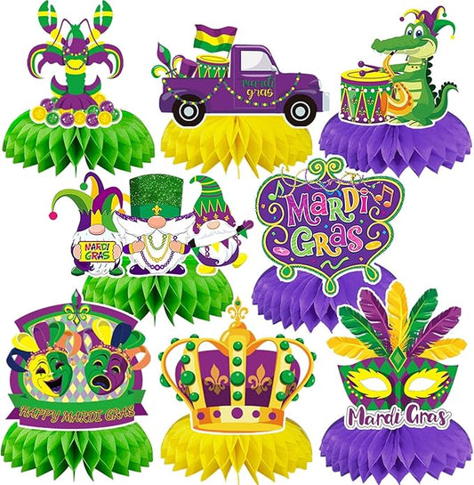 JULMELON Mardi Gras Table Decorations Honeycomb Centerpiece, 8pcs Mardi Gras Centerpieces for Tables Masquerade Masks Crown Signs Decor Mardi Gras Party Decorations for Home