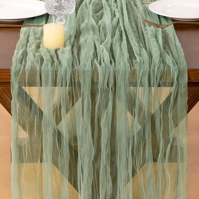 Socomi Sage Green Cheesecloth Table Runner Tulle Gauze Cheese clothBoho Rustic 120 inch 10FT Runner for Wedding Party Baby Shower Birthday Holiday Decorations 3pcs