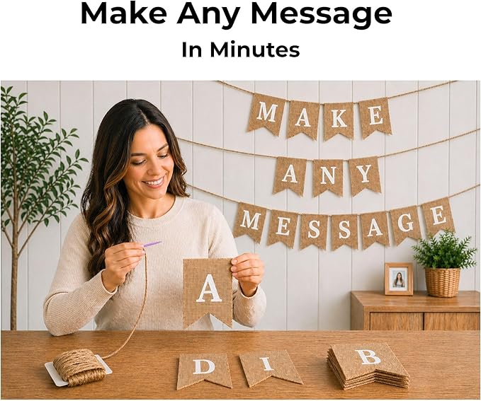 Pre-Printed Banner Kit – 97 BURLAP Flags with WHITE Letters, Numbers & Symbols, Reusable DIY Custom Banner, Make Your Own Personalized Party Banner, Faux Burlap, Includes Twine & 2 Needles
