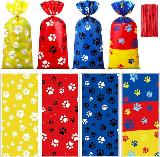 Marspark 100 Pcs Dog Paw Party Gift Bags with Ties 10.8 x 5 Inch Red Yellow Blue Paw Cookie Candy Cellophane Bags for Circus Dog Themed Birthday Party Decorations