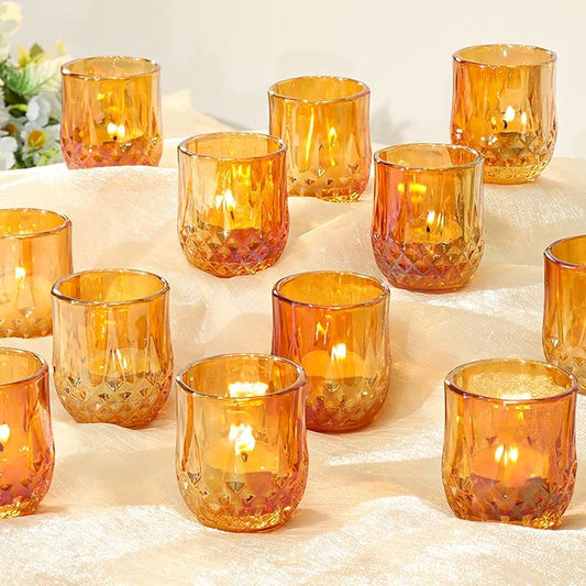 12 Pcs Votive Candle Holders, Glass Tea Lights Candle Holder in Bulk for Table Centerpiece, Tealight Candle Holders for Wedding,Party,Home, Bridal Shower, Birthday (Amber)