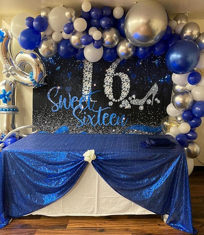 Mocsicka Sweet 16 Birthday Backdrop for Girls Blue and Silver Swwet Sixteen Decoration Happy 16th Birthday Banner Glitter Diamonds Background 16 Birthday Party Supplies (8x6ft(96x72 inch))
