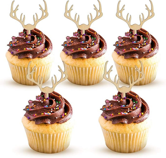AUMIO Deer Cupcake Toppers Wooden Baby Shower Woodland Antler Cake Picks Party Decorations Wedding Hunting Boho Rustic Country Birthday Party Supplies Set of 24