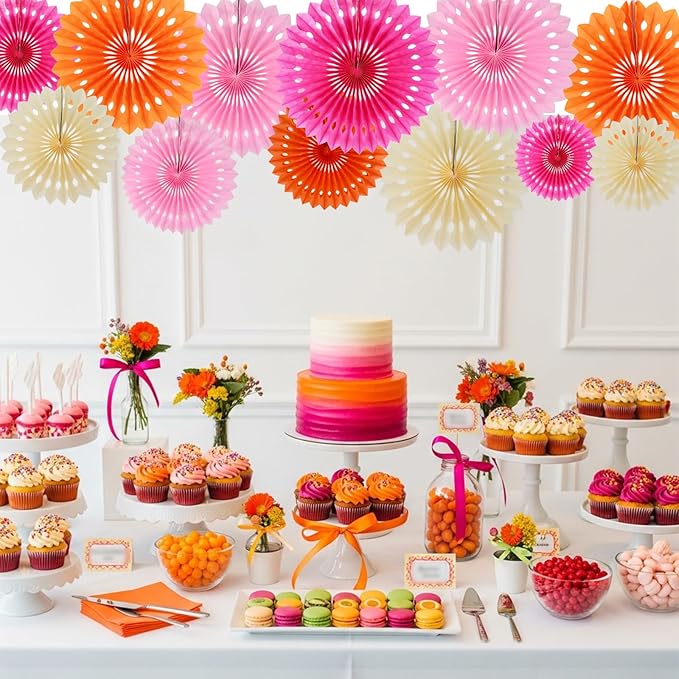 BEISHIDA Pink Orange White Tissue Hanging Honeycomb Round Paper Fans Decoration Set for Girls Birthday Baby Shower Thank's Giving Bachelorette Wedding Backdrops Anniversary Party Supplies(12 Packs)
