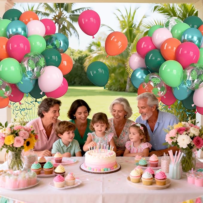 Ouddy Life 71pcs Tropical Hawaiian Balloons Set, 12 inch Luau Party Decorations Hot Pink Dark Green Palm Leaves Balloons for Tropical moana Aloha Summer Beach Birthday Baby Shower Party Decorations