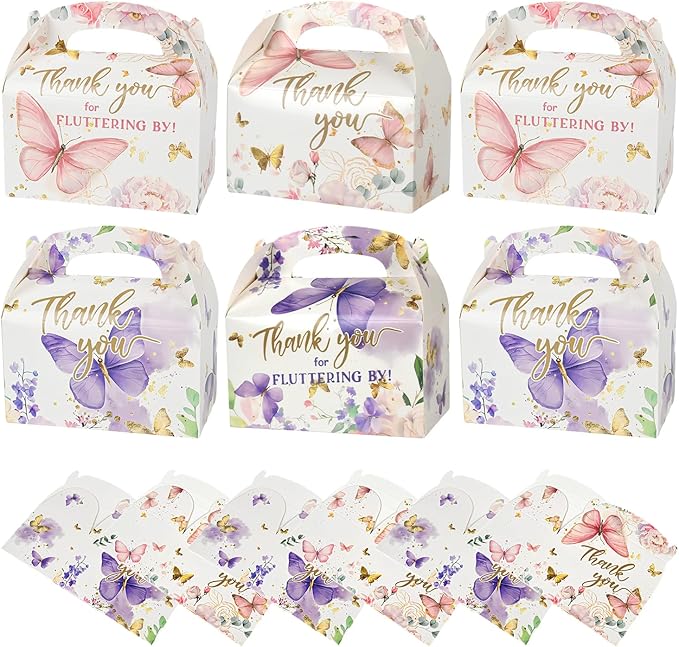 DjinnGlory 36-Pack Butterfly Party Favor Treat Boxes, Small Cute Gable Boxes for Girls Party Giveaways and Small Business 6.18x3.58x3.39 Inches