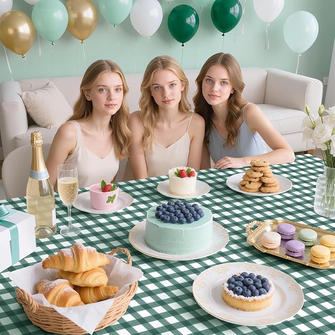 1 Pack Sage Green Striped Gingham Tablecloths, 54 x 108 Inch Disposable Plastic Rectangle Table Covers, Waterproof Checkered Sage Green Table Cloths for Picnic, Birthday, Party, Outdoor Events