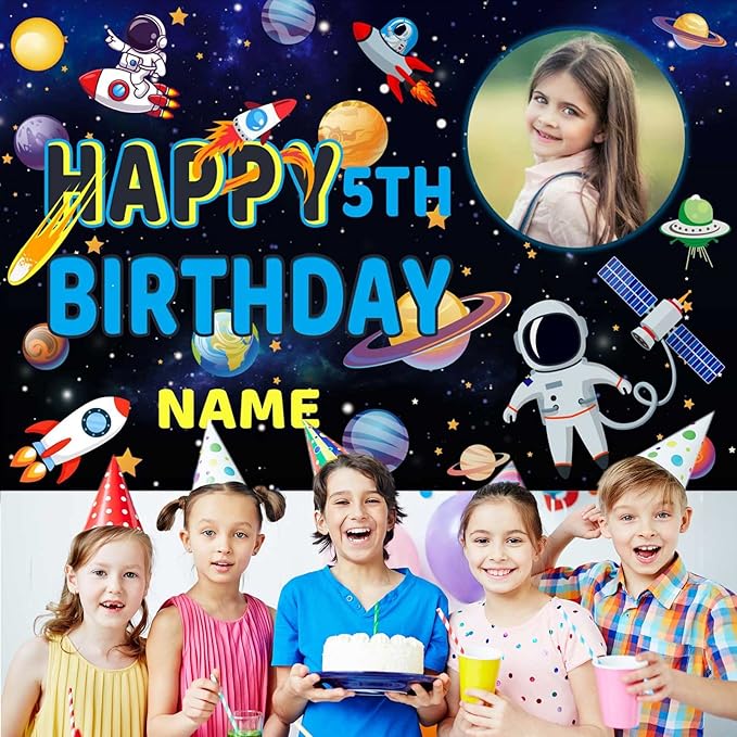 Custom Space Galaxy Astronaut Happy Birthday Party Decorations Supplies Personalized Outer Space Galaxy Astronaut Planet Birthday Backdrop Banner(6x9ft)