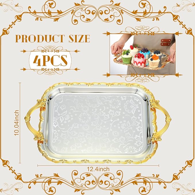 4 Pcs Silver Serving Tray with Handles Elegant Victoria Floral Engraved Metal Platters Large Decorative Trays for Buffet,Wedding Party, Jewelry Display, Service(Vintage,Slive and Gold)