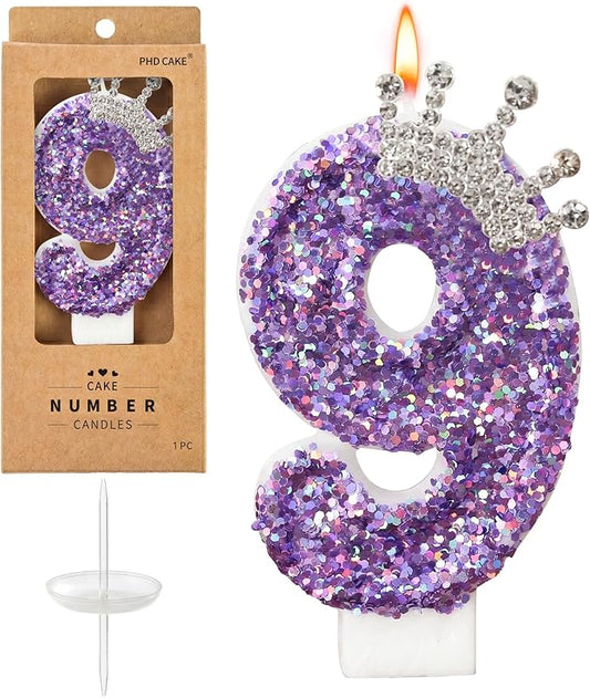 Birthday Number Candles,Purple Crown Birthday Candles for Cake,Glitter Number 9 Candle Cake Topper with Sequins for Anniversary Celebrations Supplies