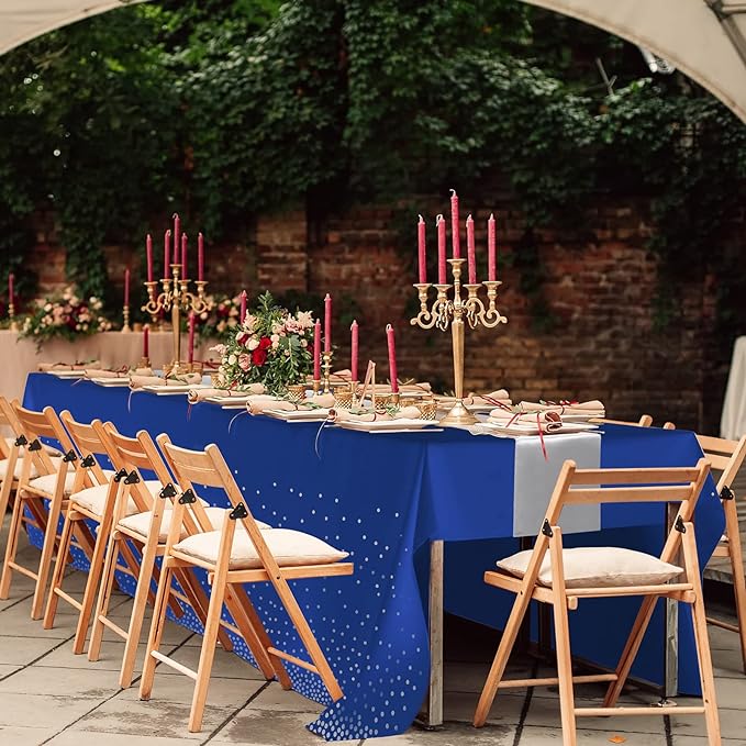 24Pack Disposable Plastic Tablecloths and Satin Table Runner Set Blue and Silver Dot Tablecloth Silver Satin Table Runner for Wedding Birthday Baby Shower Anniversary Christmas New Year Party Supplies