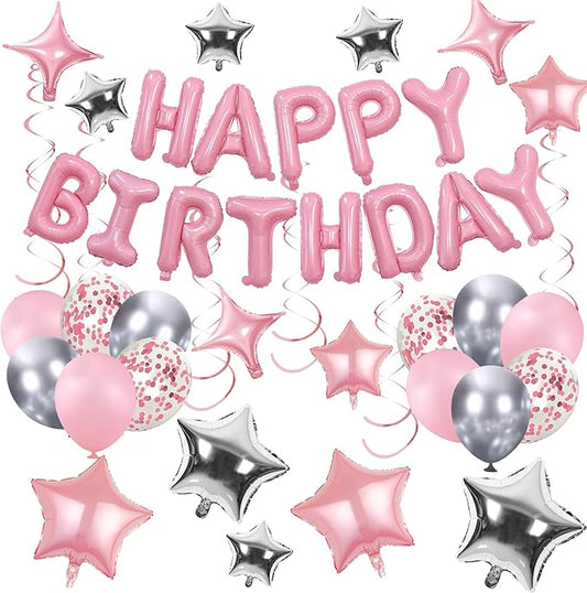 56 PCS Happy Birthday Balloons Happy Birthday Banner Pink and Silver Balloons for Boys Men Girls Women 16th 18th 20th 21st 25th 30th 40th 50th 60th Party Decorations