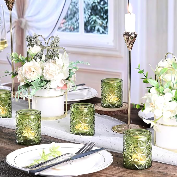 Green Votive Candle Holders Set of 12-Vintage Green Candle Holder for Wedding,Tea Light Candle Holders for Home Table Centerpieces Decor,Glass Candle Holder for Baby Shower & Bridal Shower