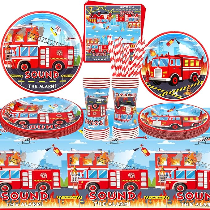 Firetruck Party Supplies - Fire Truck Party Tableware - Dinner Plates Desserts Plates Cups Napkins Tablecover Straws for Truck Theme Party Baby Shower Supplies, Serves 20 (20)