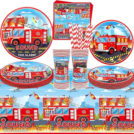 Firetruck Party Supplies - Fire Truck Party Tableware - Dinner Plates Desserts Plates Cups Napkins Tablecover Straws for Truck Theme Party Baby Shower Supplies, Serves 20 (20)