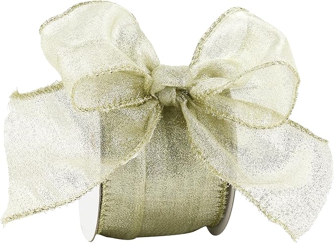 HUIHUANG Champagne Wired Ribbon 2-1/2" Metallic Crinkle Champagne Gold Christmas Ribbon for Xmas Tree, Bows Making, Wreaths, Gift Wrapping, Holiday Home Decor, Garland, DIY Crafts -10 Yards