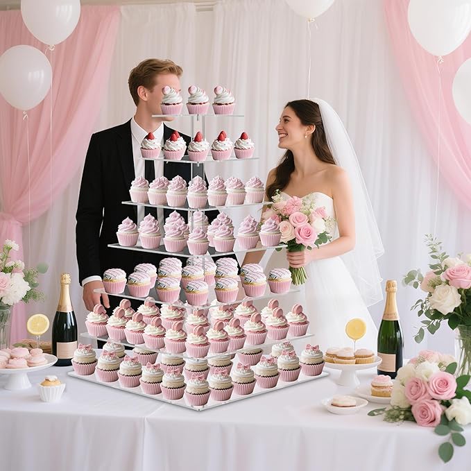 7 Tier Cupcake Stand, Square Cupcake Tower for 160 Cupcakes, Acrylic Cupcake Display Stand for Dessert Table