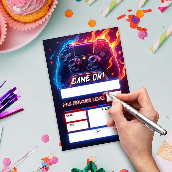 Gaming Themed Birthday Invitations – 20 Invitation Cards 4"x6" with Envelopes.(008)
