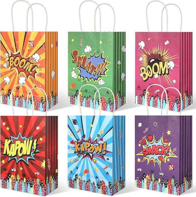 20Pcs Superhero Party Favors Bags with Handles, Comic Hero Kraft Paper Bags for Kids, Goodie Bags Candy Treat Gift Bags for Boom Hero Theme Birthday Baby Shower Party Supplies