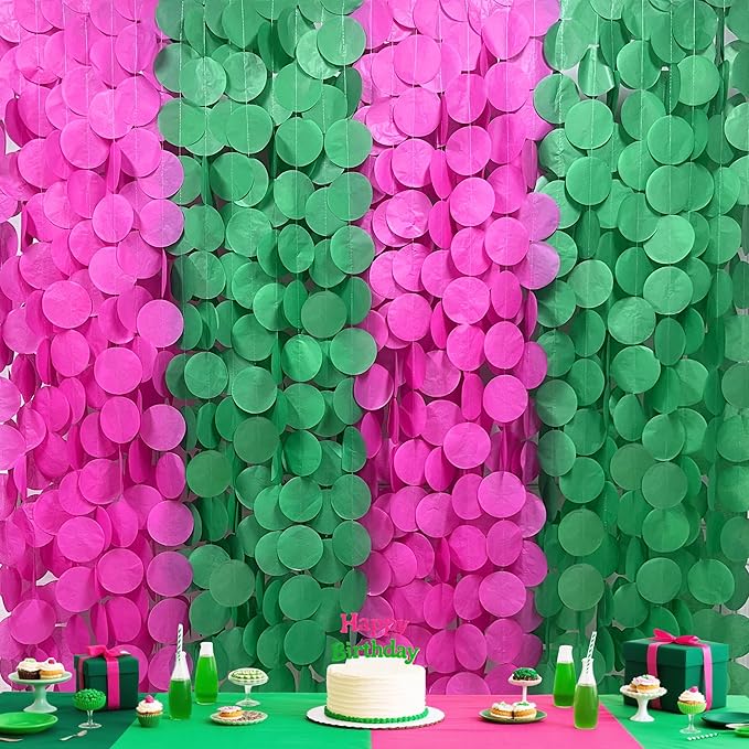 205 Ft Hot Pink and Green Party Decorations Circle Dot Backdrop Garland Tissue Paper Polka Dots Hanging Streamer for Witches Theme Birthday Baby Shower Bachelorette Wedding Engagement Party Supplies