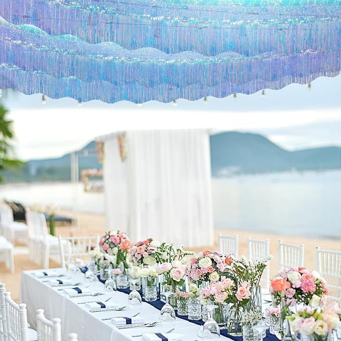 LOLStar 6 Pack Iridescent Blue Tinsel Foil Fringe Garland Birthday Party Decorations, 59Ft Tinsel Streamers Banner, Glitter Photo Booth Prop Table Skirt for Mermaid Frozen Sea Euphoria Party Decor